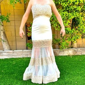 Halter top, long, white, and gold prom dress